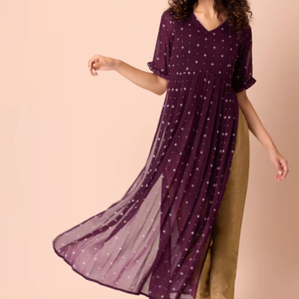 Wine Bandhani Printed High Slit Pleated Kurta Tunic Dress